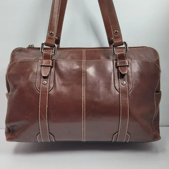 VTG Fossil Executive Women's Brown Leather Tote Shoulder Bag - Picture 2 of 12